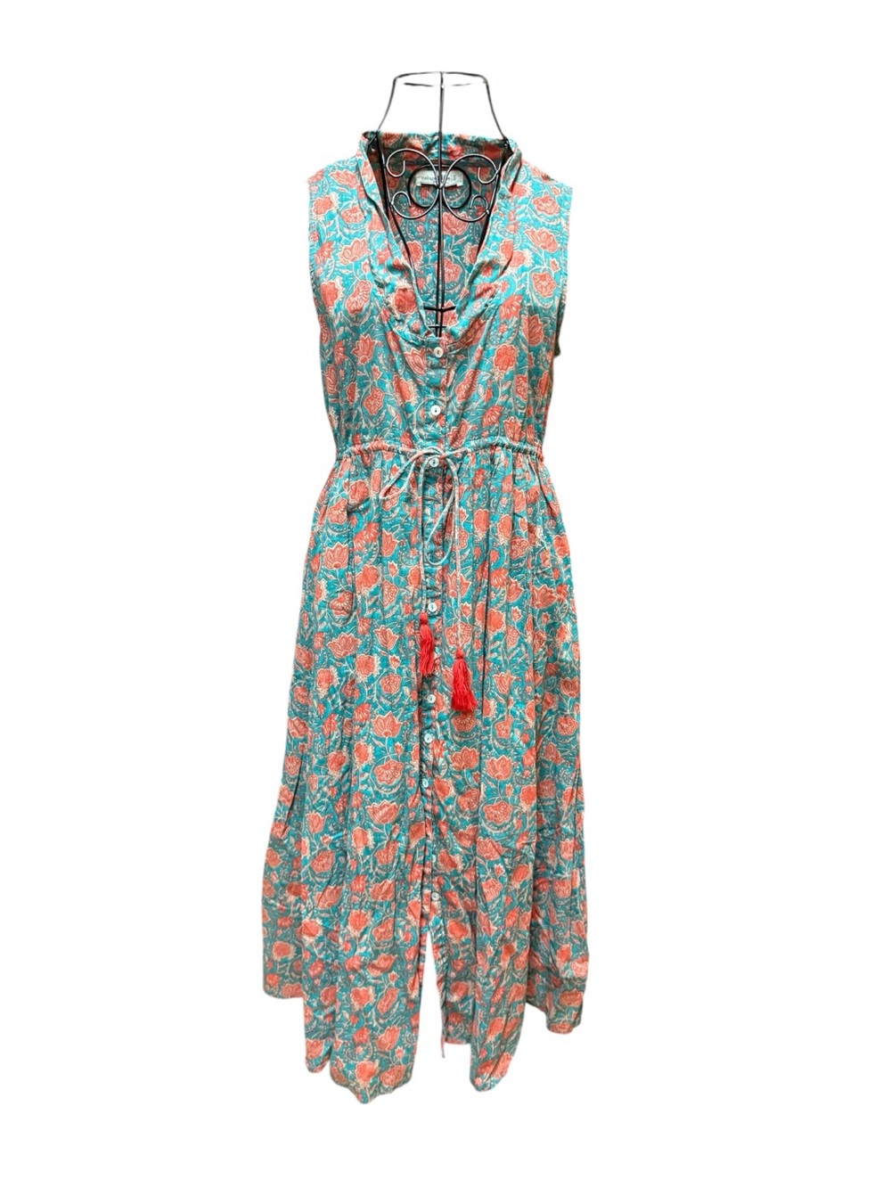 NATURAL LIFE Prairie Teal Maxi Dress Coral Floral Print and Tassel Tie Small